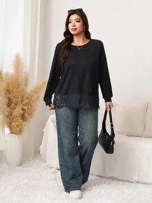 Easowa Curve Plus Size Fashion Versatile Lace Patchwork Long Sleeve Knit T-Shirt - Black - View 4