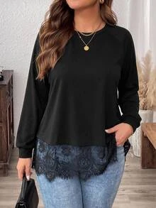 Easowa Curve Plus Size Fashion Versatile Lace Patchwork Long Sleeve Knit T-Shirt - Black - View 9