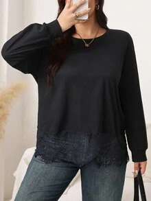 Easowa Curve Plus Size Fashion Versatile Lace Patchwork Long Sleeve Knit T-Shirt - Black - View 8