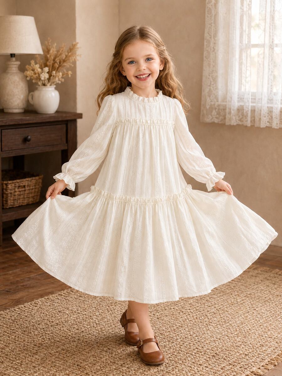 Vintaside Kids 青少年女孩白色泡泡袖返校舞會禮服萬聖節套裝秋季風格美國秋季風格 - 杏色 - 查看 1