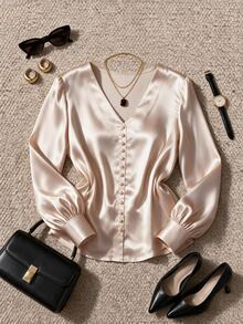 Grovea Blus Satin Pink Lengan Panjang Berkerah V dengan Manik-manik Ukuran Besar untuk Kantor, Formal, Musim Gugur, Elegan - Aprikot - View 5