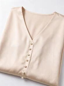 Grovea Blus Satin Pink Lengan Panjang Berkerah V dengan Manik-manik Ukuran Besar untuk Kantor, Formal, Musim Gugur, Elegan - Aprikot - View 3