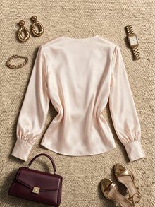 Grovea Blus Satin Pink Lengan Panjang Berkerah V dengan Manik-manik Ukuran Besar untuk Kantor, Formal, Musim Gugur, Elegan - Aprikot - View 2