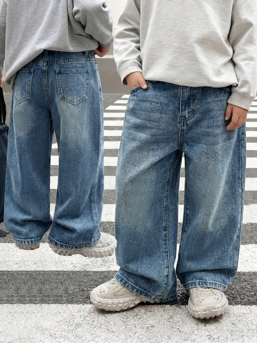 SHEIN Young Boy Casual Washed Loose Denim Long Pants - Medium Wash - View 1