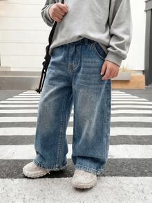 SHEIN Young Boy Casual Washed Loose Denim Long Pants - Medium Wash - View 3