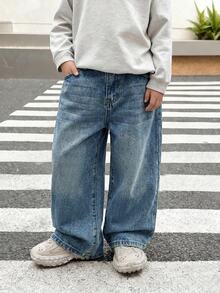 SHEIN Young Boy Casual Washed Loose Denim Long Pants - Medium Wash - View 5