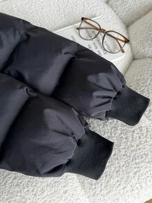SHEIN 青少年女孩秋冬外套，休閒百搭黑色對比色保暖內裡立領短夾克，返校季 - 黑與白 - 查看 5