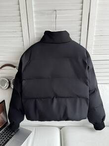 SHEIN 青少年女孩秋冬外套，休閒百搭黑色對比色保暖內裡立領短夾克，返校季 - 黑與白 - 查看 2