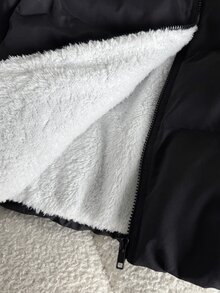 SHEIN 青少年女孩秋冬外套，休閒百搭黑色對比色保暖內裡立領短夾克，返校季 - 黑與白 - 查看 7