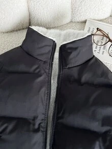 SHEIN 青少年女孩秋冬外套，休閒百搭黑色對比色保暖內裡立領短夾克，返校季 - 黑與白 - 查看 6