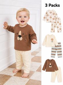 SHEIN 3pcs/Set Boys Lion Cartoon Print Long Sleeve Outfit, Energetic Style, Suitable For All Seasons, Casual Daily Wear - Multicolor - View 1