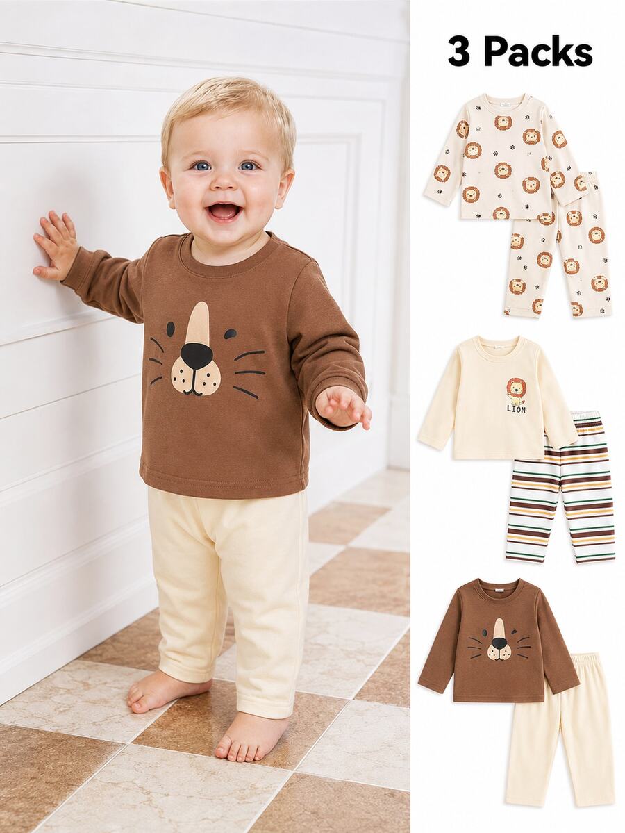 SHEIN 3pcs/Set Boys Lion Cartoon Print Long Sleeve Outfit, Energetic Style, Suitable For All Seasons, Casual Daily Wear - Multicolor - View 1
