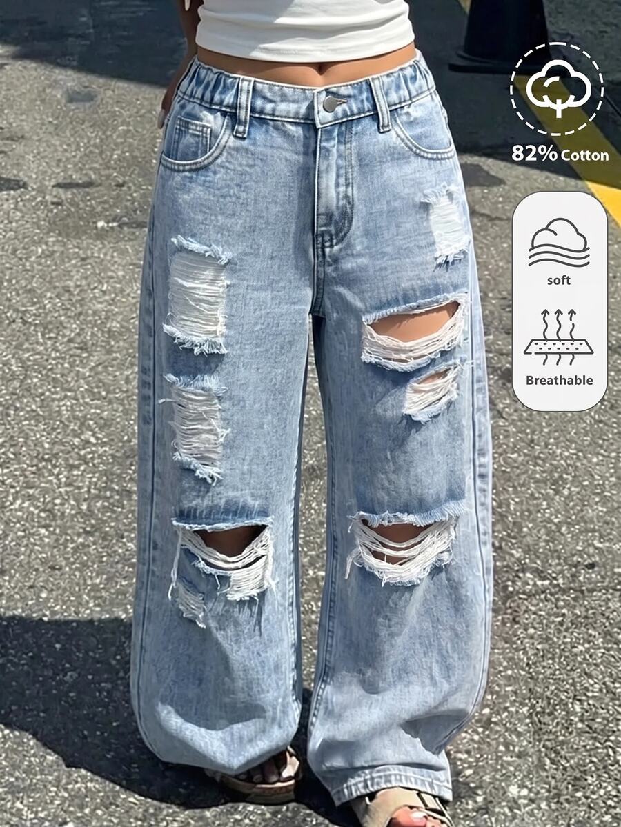 SHEIN Tween Girl Girls' Light Blue Distressed Loose Fit Denim Long Pants - Blue - View 1