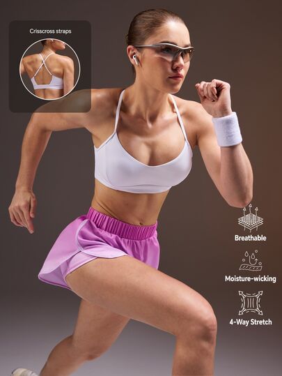 Powerista طقم رياضي نسائي بلون موحد مع حمالة صدر رياضية بظهر متقاطع وشورت، طقم جيم ولياقة بدنية وجري، كاجوال للاستخدام اليومي والتمارين الخارجية، بتدرج وردي