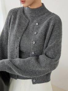 Dazy-Less 2PCS Women Sweater Co-Ords Office Brunch Dark Grey Autumn Minimalist Casual - Grey - View 5