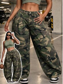 SHEIN EZwear Festival Plus Size Denim Camouflage Green Non-Stretch Banana Leg Pants - Army Green - View 7