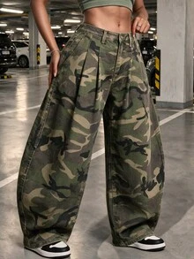 SHEIN EZwear Festival Plus Size Denim Camouflage Green Non-Stretch Banana Leg Pants - Army Green - View 4