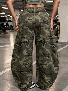 SHEIN EZwear Festival Plus Size Denim Camouflage Green Non-Stretch Banana Leg Pants - Army Green - View 2