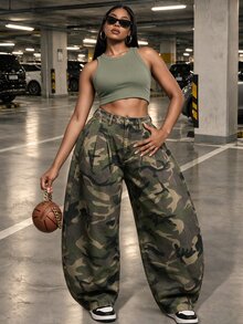 SHEIN EZwear Festival Plus Size Denim Camouflage Green Non-Stretch Banana Leg Pants - Army Green - View 3