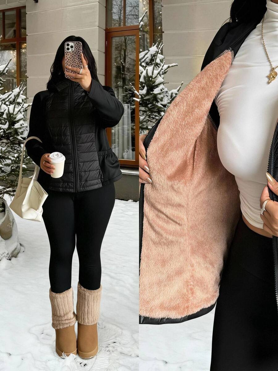 GalTyme Plus Size Women's Autumn/Winter Long Sleeve Zipper Hooded Jacket - Black - View 1
