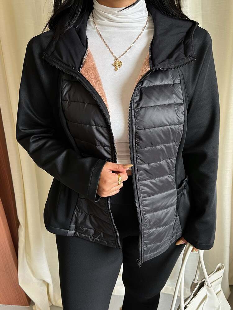 GalTyme Plus Size Women's Autumn/Winter Long Sleeve Zipper Hooded Jacket - Black - View 3