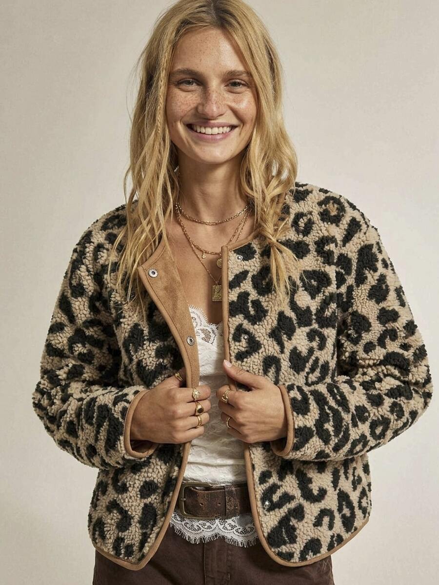 SoleilVie Women Regular Fit Leopard Print Jacket, Autumn/Winter Outerwear, Warm Fall Cloth For Women - Multicolor - View 1