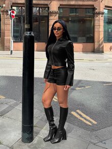 SHEIN SXY جاكيت جلد قصير بأسلوب الشارع مع سحاب ثنائي الاتجاه - الأسود - مشاهدة 5