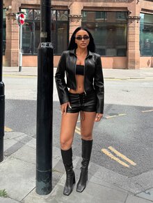 SHEIN SXY جاكيت جلد قصير بأسلوب الشارع مع سحاب ثنائي الاتجاه - الأسود - مشاهدة 3