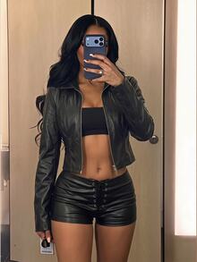 SHEIN SXY جاكيت جلد قصير بأسلوب الشارع مع سحاب ثنائي الاتجاه - الأسود - مشاهدة 1