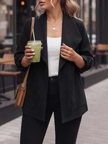 GlowEve CURVE French Vintage Elegant Fashion Casual Commuter Oversized Collar Black Jacket Fall - Black - View 1