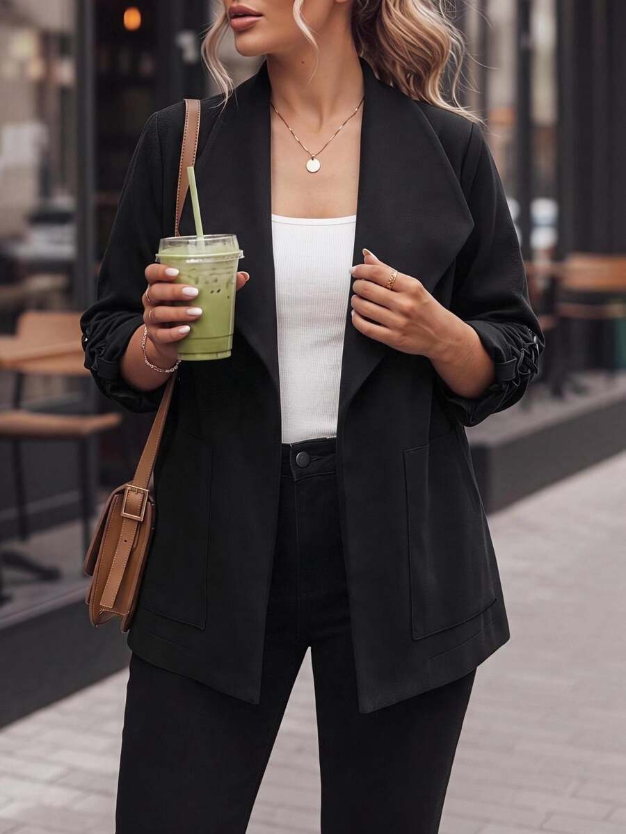 GlowEve CURVE French Vintage Elegant Fashion Casual Commuter Oversized Collar Black Jacket Fall - Black - View 1