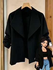 GlowEve CURVE French Vintage Elegant Fashion Casual Commuter Oversized Collar Black Jacket Fall - Black - View 8