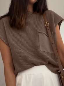 SoleilVie Softnon‑Prickly Fuzzed, Resilient Warm Synthetic Fabric; Static & Minor Pilling, No Tumble Dry.Cap Sleeve Pocket Knit Top For Women - Khaki - View 2