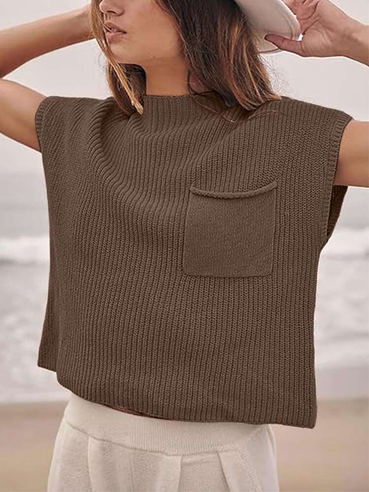 SoleilVie Softnon‑Prickly Fuzzed, Resilient Warm Synthetic Fabric; Static & Minor Pilling, No Tumble Dry.Cap Sleeve Pocket Knit Top For Women - Khaki - View 3