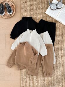 SHEIN Baby Boy 2 Pieces Set Solid Color Waffle Knit Half-Zip Stand Collar Sweatshirt Long Sleeve Top And Cuffed Pants, Autumn/Winter New Stylish Outfit For Baby Daily Wear And Outings, Multi-Piece Set Combination With More Options, Essential Wardrobe Set For Autumn/Winter - Multicolor - View 6