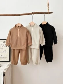 SHEIN Baby Boy 2 Pieces Set Solid Color Waffle Knit Half-Zip Stand Collar Sweatshirt Long Sleeve Top And Cuffed Pants, Autumn/Winter New Stylish Outfit For Baby Daily Wear And Outings, Multi-Piece Set Combination With More Options, Essential Wardrobe Set For Autumn/Winter - Multicolor - View 7