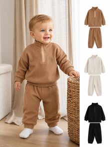 SHEIN Baby Boy 2 Pieces Set Solid Color Waffle Knit Half-Zip Stand Collar Sweatshirt Long Sleeve Top And Cuffed Pants, Autumn/Winter New Stylish Outfit For Baby Daily Wear And Outings, Multi-Piece Set Combination With More Options, Essential Wardrobe Set For Autumn/Winter - Multicolor - View 3