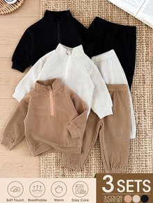 SHEIN Baby Boy 2 Pieces Set Solid Color Waffle Knit Half-Zip Stand Collar Sweatshirt Long Sleeve Top And Cuffed Pants, Autumn/Winter New Stylish Outfit For Baby Daily Wear And Outings, Multi-Piece Set Combination With More Options, Essential Wardrobe Set For Autumn/Winter - Multicolor - View 1