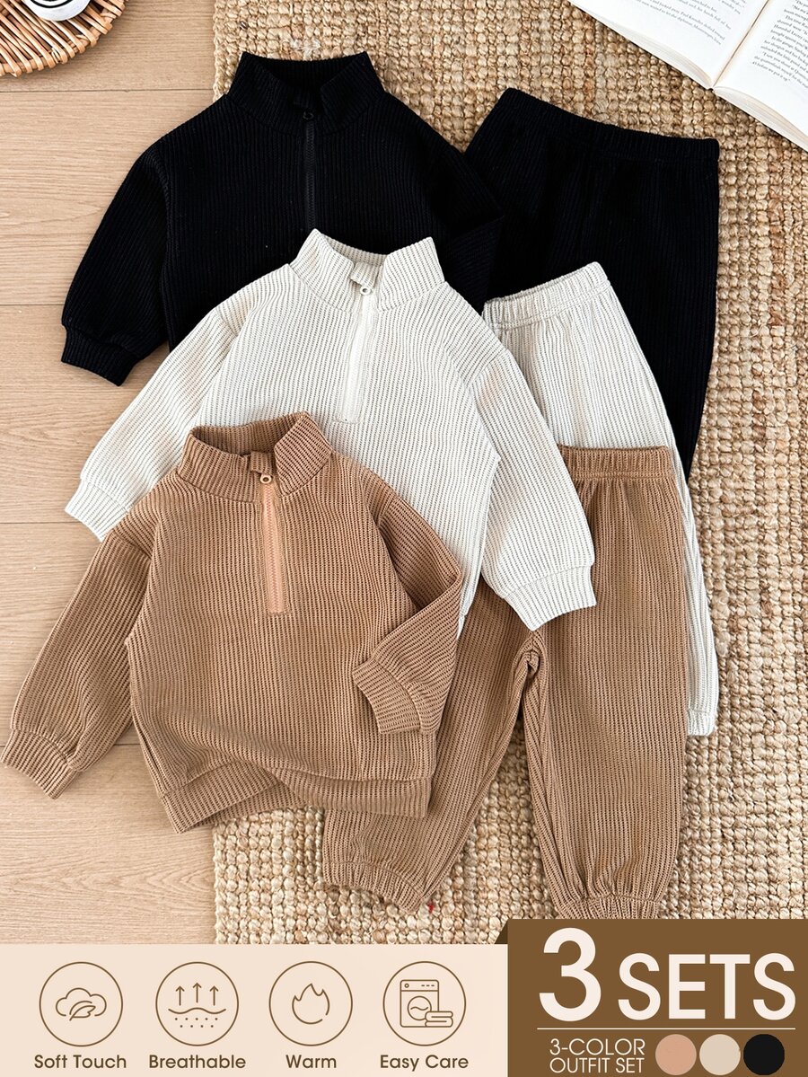 SHEIN Baby Boy 2 Pieces Set Solid Color Waffle Knit Half-Zip Stand Collar Sweatshirt Long Sleeve Top And Cuffed Pants, Autumn/Winter New Stylish Outfit For Baby Daily Wear And Outings, Multi-Piece Set Combination With More Options, Essential Wardrobe Set For Autumn/Winter - Multicolor - View 1