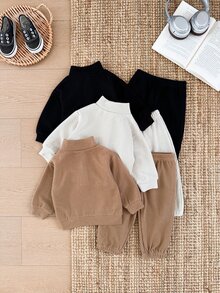 SHEIN Baby Boy 2 Pieces Set Solid Color Waffle Knit Half-Zip Stand Collar Sweatshirt Long Sleeve Top And Cuffed Pants, Autumn/Winter New Stylish Outfit For Baby Daily Wear And Outings, Multi-Piece Set Combination With More Options, Essential Wardrobe Set For Autumn/Winter - Multicolor - View 2