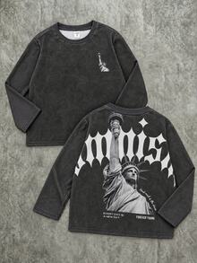 SHEIN 小男孩童裝 字母與自由女神像圖案 街頭風圓領短袖T恤，適合派對、返校、正式場合、日常穿著、學校、旅行、運動，春夏季秋季 - 黑色 - 查看 1