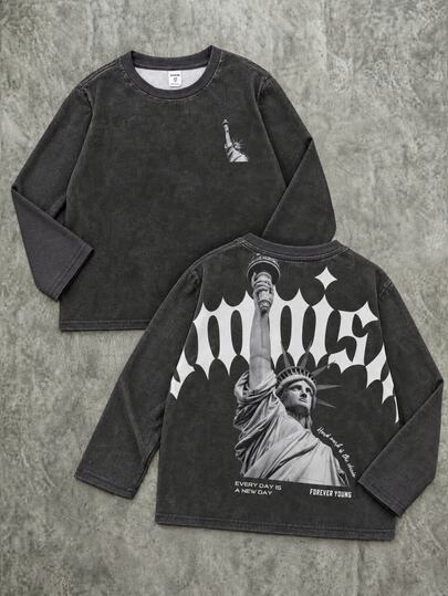 SHEIN Young Boys Young Boy Clothing Letter And Statue Of Liberty Pattern Street Style Crew Neck Short Sleeve T-Shirt, Suitable For Party, Back To School, Formal Occasions, Daily Wear, School, Travel, Sports, Spring, Summer, Autumn