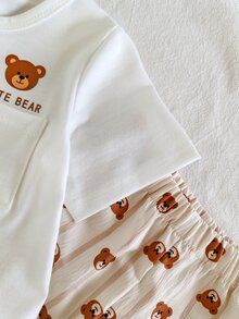SHEIN Vintaside Kids 2件組幼兒男嬰T恤長褲套裝，可愛甜美白色棕熊印花條紋短袖圓領輕便款，生日派對夏季度假口袋設計 - 咖啡棕 - 查看 7
