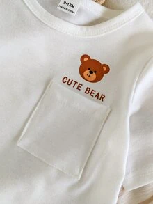 SHEIN Vintaside Kids 2件組幼兒男嬰T恤長褲套裝，可愛甜美白色棕熊印花條紋短袖圓領輕便款，生日派對夏季度假口袋設計 - 咖啡棕 - 查看 10
