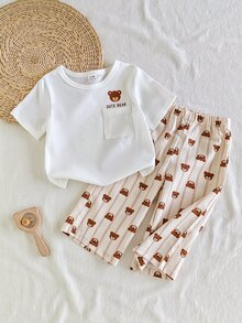 SHEIN Vintaside Kids 2件組幼兒男嬰T恤長褲套裝，可愛甜美白色棕熊印花條紋短袖圓領輕便款，生日派對夏季度假口袋設計 - 咖啡棕 - 查看 5