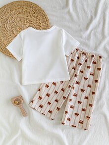 SHEIN Vintaside Kids 2件組幼兒男嬰T恤長褲套裝，可愛甜美白色棕熊印花條紋短袖圓領輕便款，生日派對夏季度假口袋設計 - 咖啡棕 - 查看 2