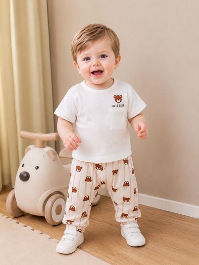 SHEIN Vintaside Kids 2pcs Toddler Baby Boys T-Shirt Pants Set Cute Sweet White Brown Bear Print Striped Short Sleeve Round Neck Light Birthday Party Summer Holiday Pocket