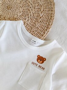 SHEIN Vintaside Kids 2件組幼兒男嬰T恤長褲套裝，可愛甜美白色棕熊印花條紋短袖圓領輕便款，生日派對夏季度假口袋設計 - 咖啡棕 - 查看 11