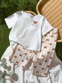 SHEIN Vintaside Kids 2件組幼兒男嬰T恤長褲套裝，可愛甜美白色棕熊印花條紋短袖圓領輕便款，生日派對夏季度假口袋設計 - 咖啡棕 - 查看 3