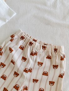 SHEIN Vintaside Kids 2件組幼兒男嬰T恤長褲套裝，可愛甜美白色棕熊印花條紋短袖圓領輕便款，生日派對夏季度假口袋設計 - 咖啡棕 - 查看 8